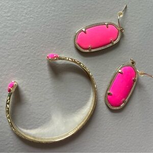Kendra Scott earrings and matching bracelet in hot pink and gold